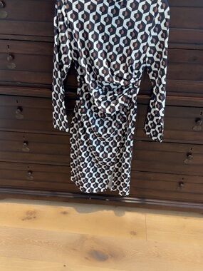 Long-Sleeve Geometric Wrap Dress - Black, White & Brown Accents